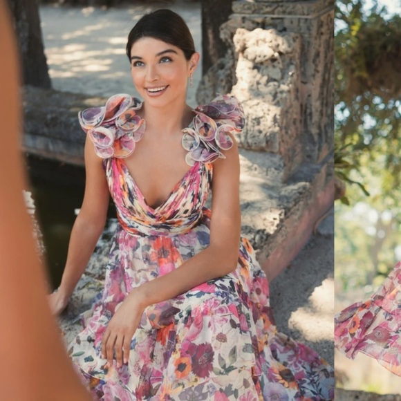 NWT | Mac Duggal 56048 White Multi Ruffle Tiered Floral Chiffon Dress Size 4 - Picture 4 of 16